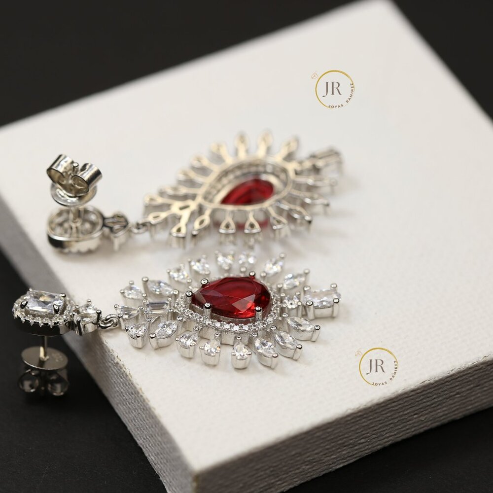 Imperial Blossom .925 Silver Earrings · Ruby CZ · Elegant Floral Design. - Picture 6 of 7